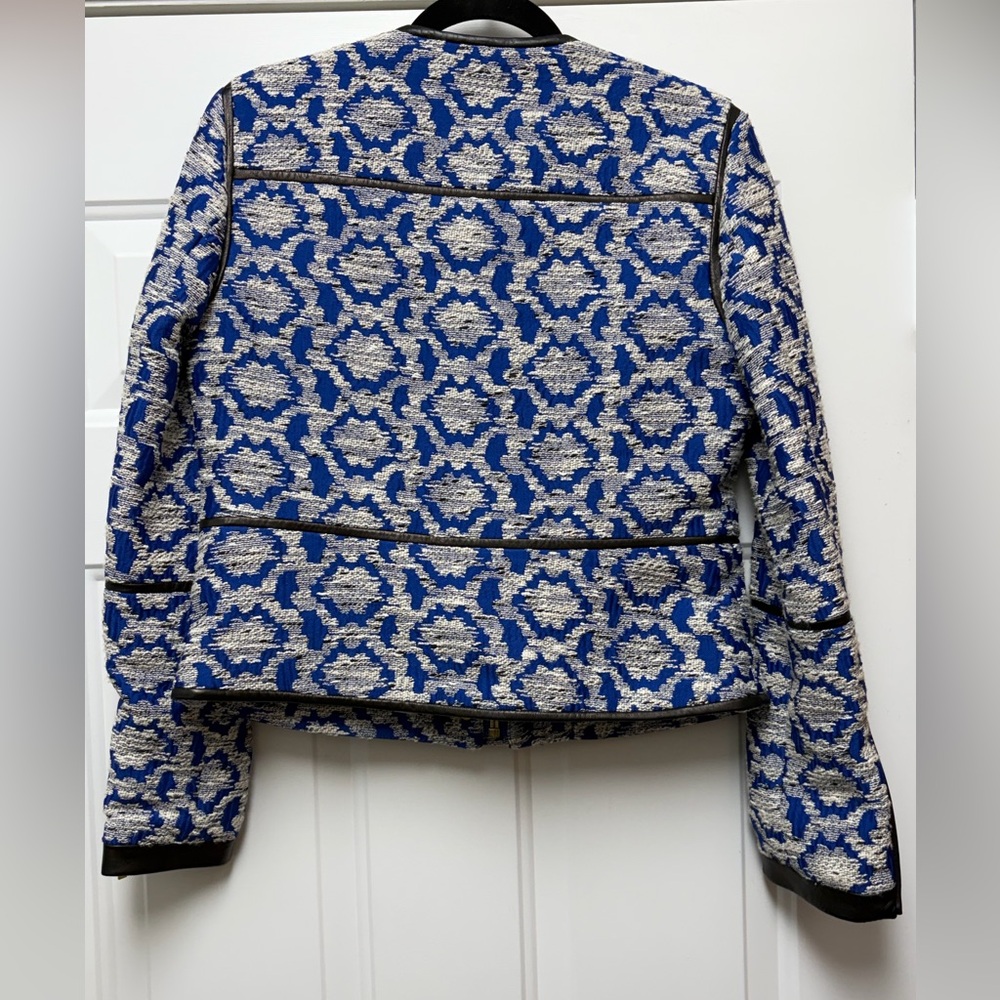 Diane Von Furstenberg Blue and White Leather Trim Jacket Size 8 Women’s Blazer - Picture 3 of 14
